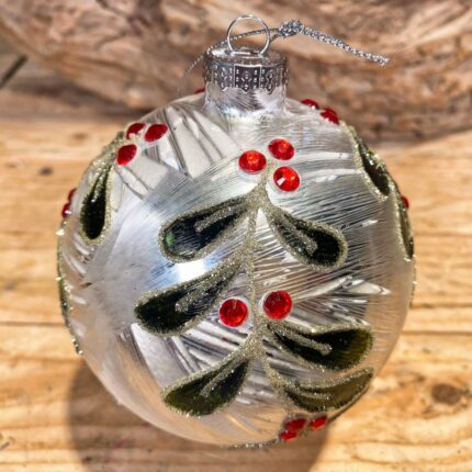 Χριστουγεννιάτικη Μπάλα Γυάλινη Ασημένια Κλαδιά Γκι Κόκκινα Στρας 10εκ