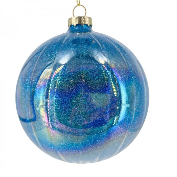 Χριστουγεννιάτικη Μπάλα Γυάλινη Μπλε Ιριδίζουσα Κάθετες Ρίγες Γκλίτερ 12εκ