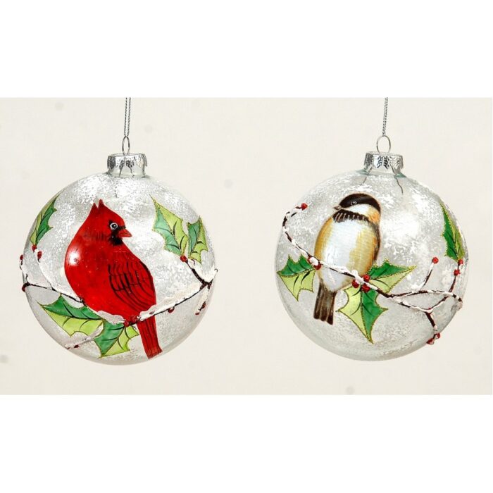 Χριστουγεννιάτικη Μπάλα Γυάλινη Διάφανη Χιονισμένη Κόκκινο Πουλί 12εκ