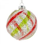 Χριστουγεννιάτικη Μπάλα Γυάλινη Διάφανη Κόκκινες Πράσινες Γραμμές Λευκό Γκλίτερ 8εκ