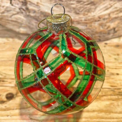 Χριστουγεννιάτικη Μπάλα Γυάλινη Διάφανη Κόκκινες Πράσινες Ρίγες 10εκ