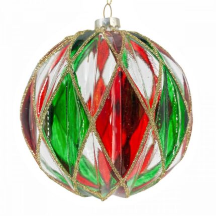 Χριστουγεννιάτικη Μπάλα Γυάλινη Διάφανη Κόκκινοι Πράσινοι Ρόμβοι Γκλίτερ 12εκ