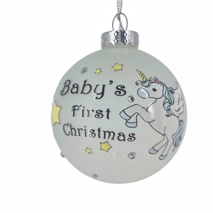 Χριστουγεννιάτικη Μπάλα Γυάλινη Γαλάζιος Μονόκερος ''Baby's First Christmas'' 8εκ