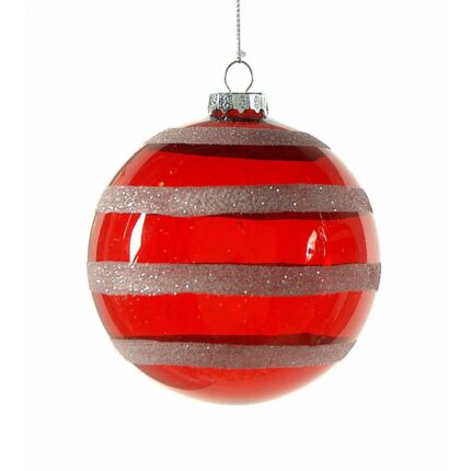 Χριστουγεννιάτικη Μπάλα Γυάλινη Κόκκινη Διάφανη Λευκές Ρίγες 10εκ