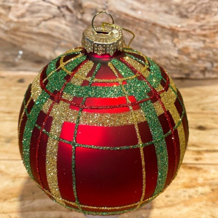 Χριστουγεννιάτικη Μπάλα Γυάλινη Κόκκινη Καρό Πράσινο Χρυσό Κόκκινο Γκλίτερ 10εκ
