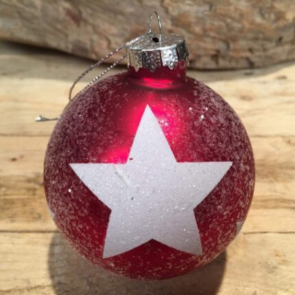 Χριστουγεννιάτικη Μπάλα Γυάλινη Κόκκινη Παγωμένη Λευκό Αστέρι 8εκ
