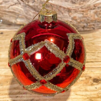 Χριστουγεννιάτικη Μπάλα Γυάλινη Κόκκινη Τετράγωνα Γκλίτερ Χρυσό Στρας 10εκ