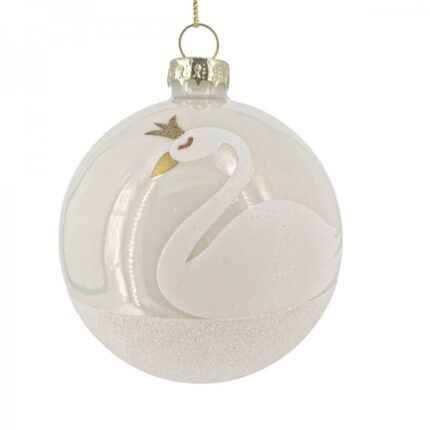 Χριστουγεννιάτικη Μπάλα Γυάλινη Λευκή Κύκνος Χρυσό Στέμμα Γκλίτερ 8εκ