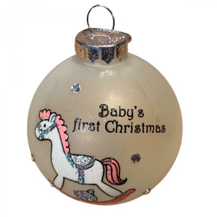 Χριστουγεννιάτικη Μπάλα Γυάλινη Λευκή Ροζ Αλογάκι ''Baby's First Christmas'' 8εκ