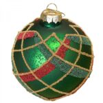 Χριστουγεννιάτικη Μπάλα Γυάλινη Πράσινη Σχέδιο Χρυσές Πράσινες Κόκκινες Χαντρούλες 10εκ
