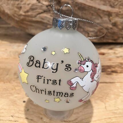 Χριστουγεννιάτικη Μπάλα Γυάλινη Ροζ Μονόκερος ''Baby's First Christmas'' 8εκ