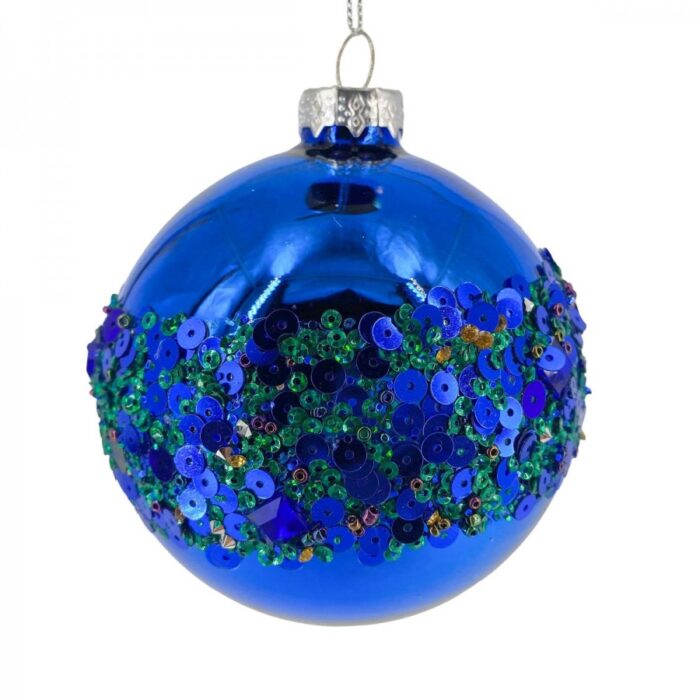Χριστουγεννιάτικη Γυάλινη Μπάλα Μπλε Γυαλιστερή Σχέδιο Πούλιες 10εκ