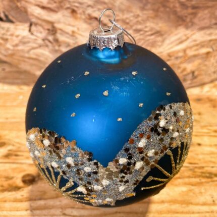 Χριστουγεννιάτικη Γυάλινη Μπάλα Μπλε Ματ Ασημί Σχέδιο Γκλίτερ 10εκ