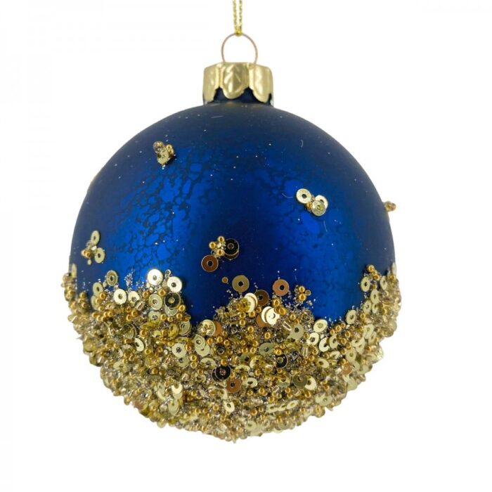 Χριστουγεννιάτικη Γυάλινη Μπάλα Μπλε Πούλιες Πέρλες 8εκ