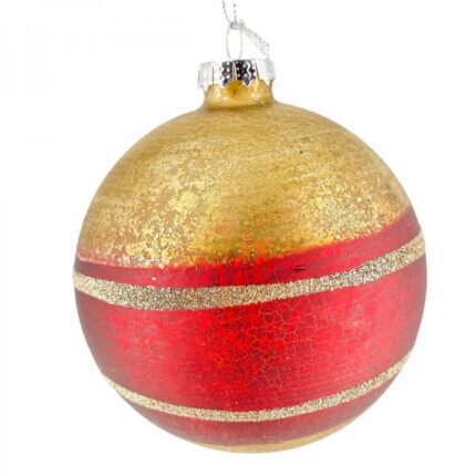 Χριστουγεννιάτικη Γυάλινη Μπάλα Χρυσή Κόκκινη Χρυσές Ρίγες Γκλίτερ 10εκ