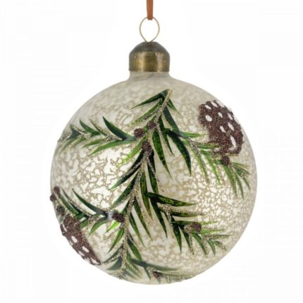 Χριστουγεννιάτικη Γυάλινη Μπάλα Χρυσή Πράσινα Φύλλα Κουκουνάρι Γκλίτερ 10εκ