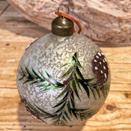 Χριστουγεννιάτικη Γυάλινη Μπάλα Χρυσή Πράσινα Φύλλα Κουκουνάρι Γκλίτερ 10εκ