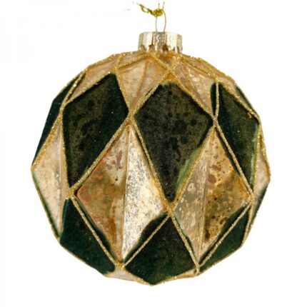 Χριστουγεννιάτικη Γυάλινη Μπάλα Χρυσή Πράσινοι Βελούδινοι Ρόμβοι 10εκ
