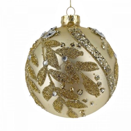 Χριστουγεννιάτικη Γυάλινη Μπάλα Χρυσό Παγωμένο Φύλλα Στρας Γκλίτερ 10εκ