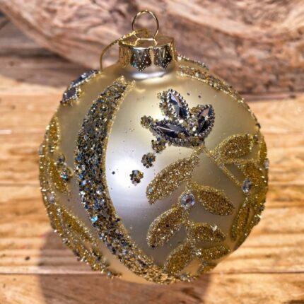 Χριστουγεννιάτικη Γυάλινη Μπάλα Χρυσό Παγωμένο Φύλλα Στρας Γκλίτερ 10εκ