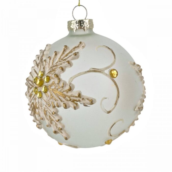 Χριστουγεννιάτικη Γυάλινη Μπάλα Διάφανη Ανάγλυφο Σχέδιο Λευκό Λουλούδι Στρας 10εκ
