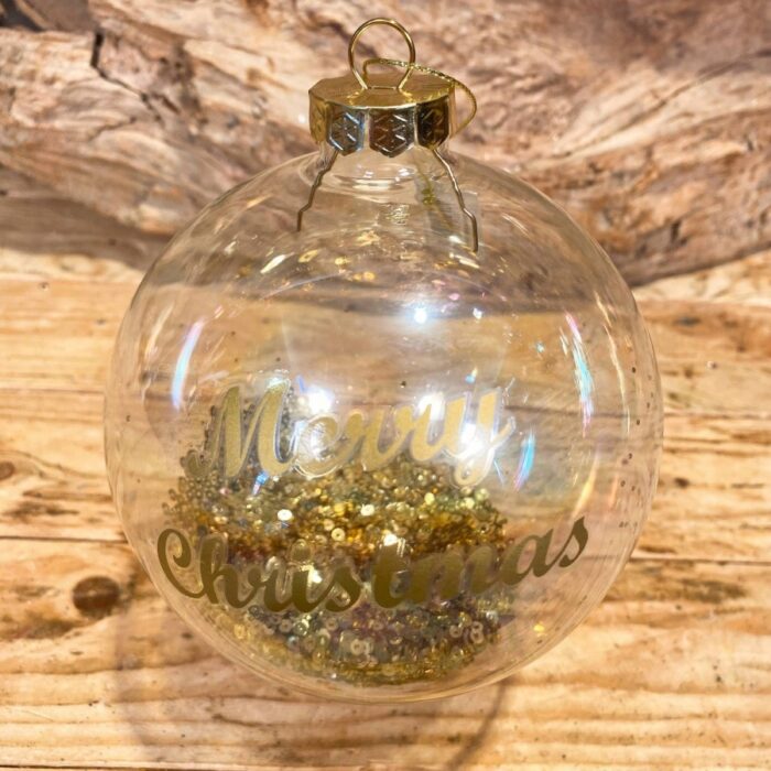 Χριστουγεννιάτικη Γυάλινη Μπάλα Διάφανη Χρυσές Πούλιες "Merry Christmas" 12εκ