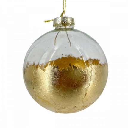 Χριστουγεννιάτικη Γυάλινη Μπάλα Διάφανη Φύλλα Χρυσού 8εκ