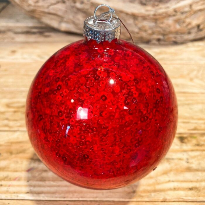 Χριστουγεννιάτικη Γυάλινη Μπάλα Διάφανη Κόκκινες Πούλιες Γκλίτερ 10εκ