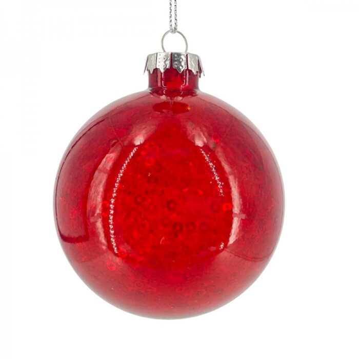 Χριστουγεννιάτικη Γυάλινη Μπάλα Διάφανη Κόκκινες Πούλιες Γκλίτερ 8εκ