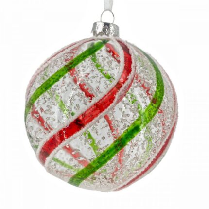 Χριστουγεννιάτικη Γυάλινη Μπάλα Διάφανη Πράσινες Κόκκινες Ρίγες Σπειροειδές Σχέδιο 10εκ