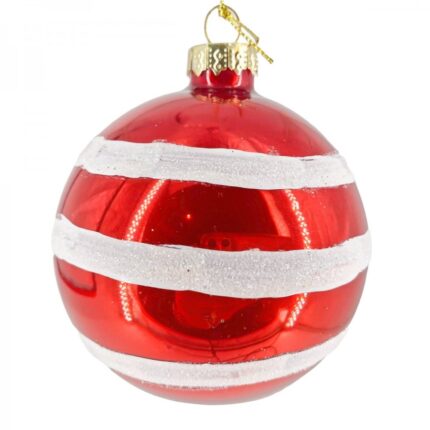 Χριστουγεννιάτικη Γυάλινη Μπάλα Κόκκινη Λευκές Ρίγες Λευκό Γκλίτερ 8εκ