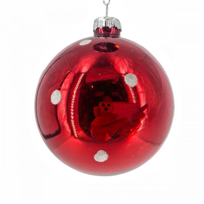 Χριστουγεννιάτικη Γυάλινη Μπάλα Κόκκινη Λευκό Πουά Γκλίτερ 8εκ