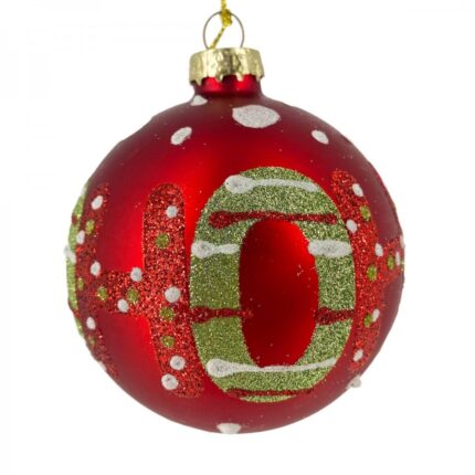 Χριστουγεννιάτικη Γυάλινη Μπάλα Κόκκινη Λευκό Πουά "Ηο Ηο Ηο" Γκλίτερ 8εκ