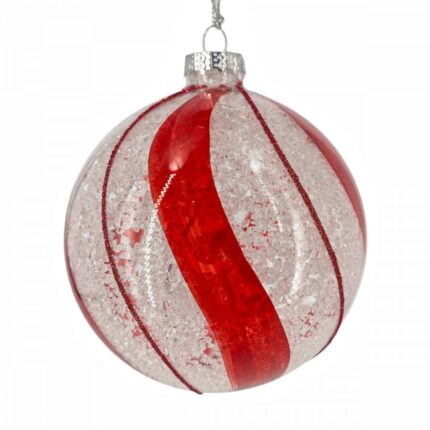 Χριστουγεννιάτικη Γυάλινη Μπάλα Λευκή Παγωμένο Κόκκινο Σπειροειδές Σχέδιο Γκλίτερ 10εκ