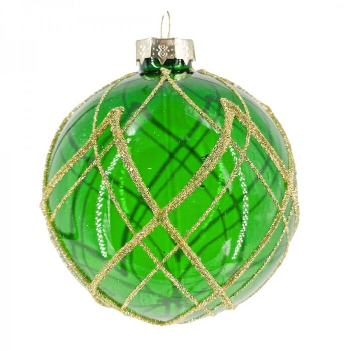 Χριστουγεννιάτικη Γυάλινη Μπάλα Πράσινη Χρυσό Γκλίτερ Σχέδιο Ζικ Ζακ 8εκ