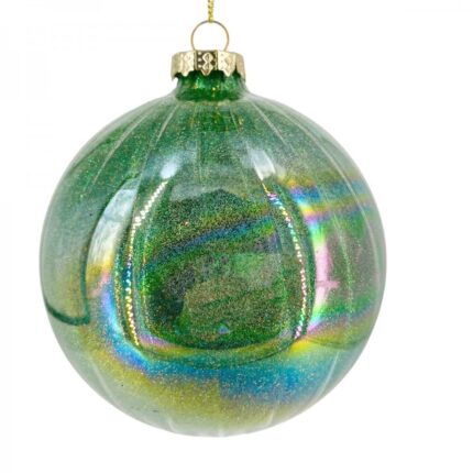 Χριστουγεννιάτικη Γυάλινη Μπάλα Πράσινη Κάθετες Ρίγες Γκλίτερ 10εκ