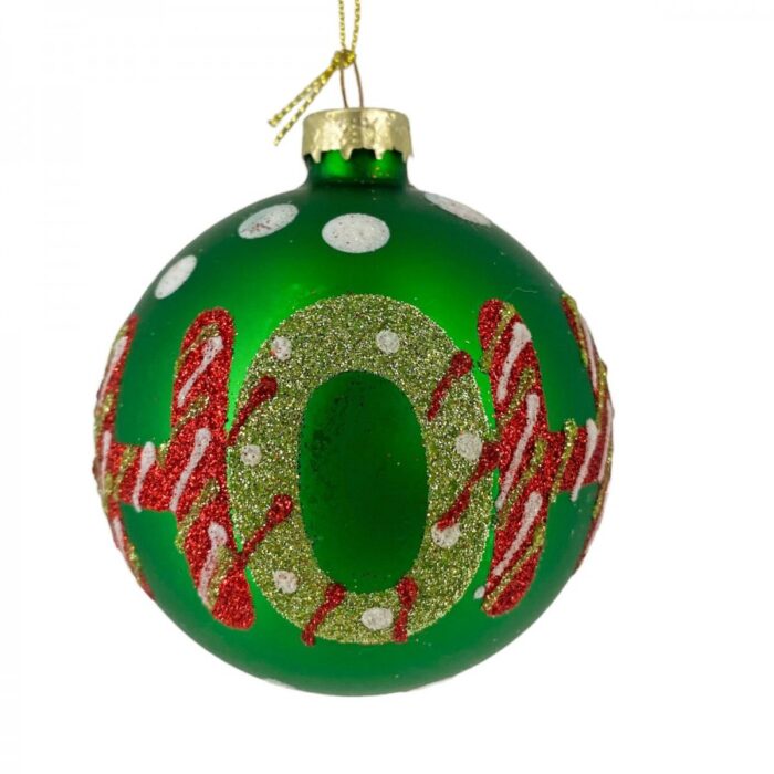 Χριστουγεννιάτικη Γυάλινη Μπάλα Πράσινη Λευκό Πουά "Ho Ho Ho" Γκλίτερ 8εκ