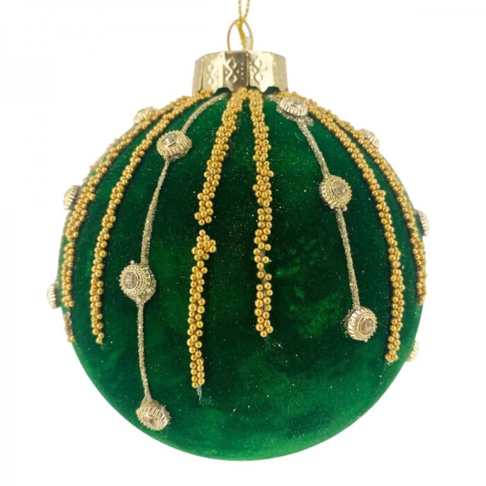 Χριστουγεννιάτικη Γυάλινη Μπάλα Πράσινη Βελούδινη Βροχή Στρας Πέρλες 10εκ