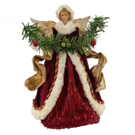 Χριστουγεννιάτικη Κορυφή Άγγελος Κόκκινο Φόρεμα Χρυσά Φτερά 30*18εκ