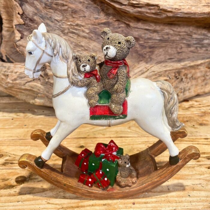 Χριστουγεννιάτικο Διακοσμητικό Κεραμικό Αλογάκι Κουνιστό Λευκό Αρκουδάκια Δώρα 21*20εκ
