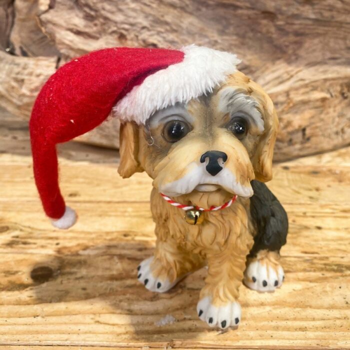 Χριστουγεννιάτικο Διακοσμητικό Κεραμικό Σκυλάκι Καφέ Μαύρο Κόκκινος Σκούφος 15*8εκ
