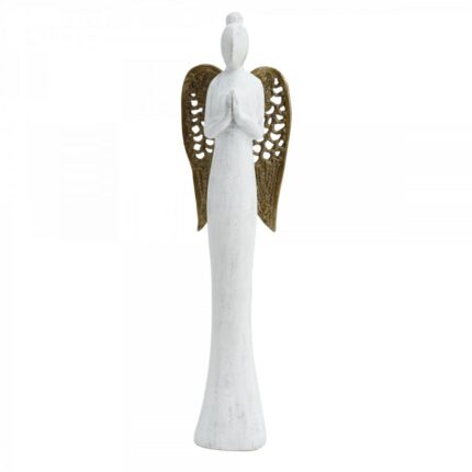 Χριστουγεννιάτικo Διακοσμητικό Ξύλινο Αγαλματάκι Άγγελος Λευκός Χρυσά Φτερά 10*53εκ