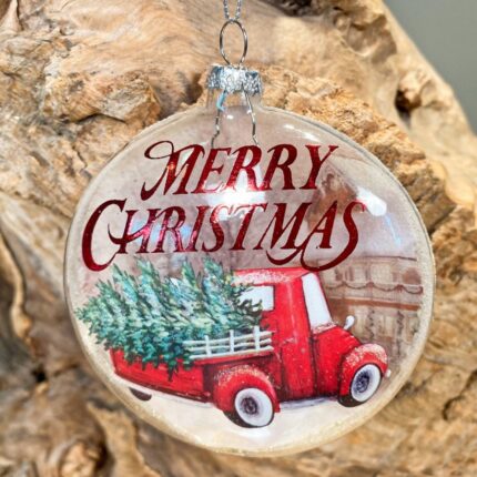 Χριστουγεννιάτικο Γυάλινο Στολίδι Πλακέ Κόκκινο Αυτοκίνητο Δέντρο 11*11εκ