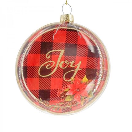 Χριστουγεννιάτικo Γυάλινο Στολίδι Στρογγυλό Πλακέ Καρό Σχέδιο "Joy" 11*11εκ