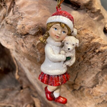 Χριστουγεννιάτικο Κεραμικό Στολίδι Κοριτσάκι Κόκκινο Λευκό με Κουταβάκι 10*4εκ