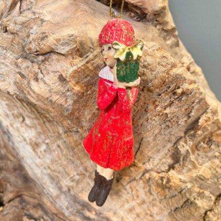 Χριστουγεννιάτικo Κεραμικό Στολίδι Κοριτσάκι Κόκκινο Παλτό Σκούφος Δώρο 13*4εκ