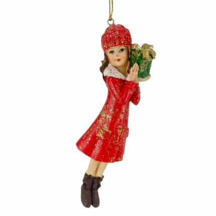 Χριστουγεννιάτικo Κεραμικό Στολίδι Κοριτσάκι Κόκκινο Παλτό Σκούφος Δώρο 13*4εκ