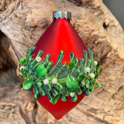 Χριστουγεννιάτικο Στολίδι Γυάλινο Δάκρυ Κόκκινο Πράσινο Στεφάνι Πέρλες 10*14εκ