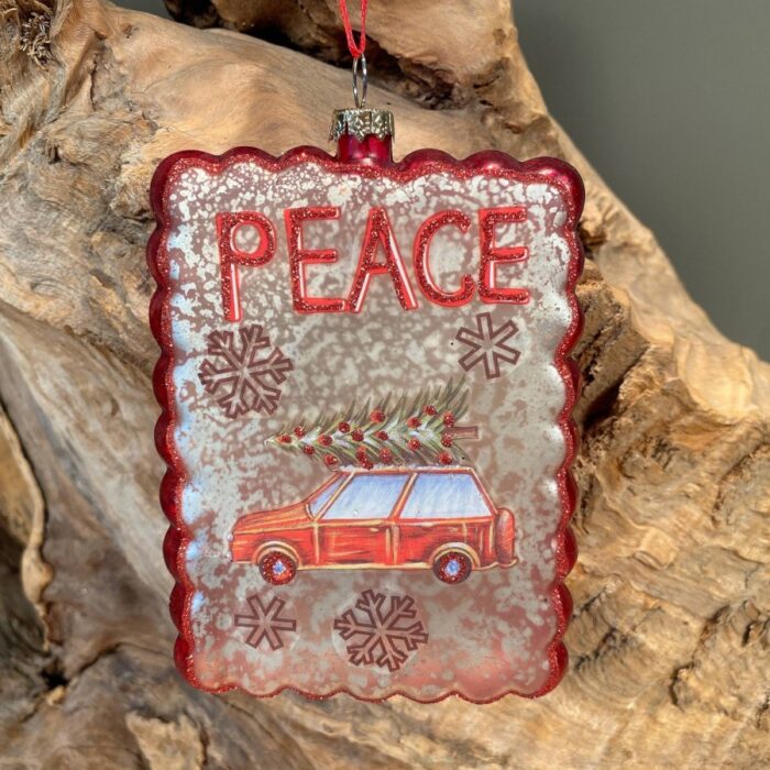 Χριστουγεννιάτικo Στολίδι Γυάλινο Ορθογώνιο Πλακέ Αυτοκινητάκι Peace 12εκ