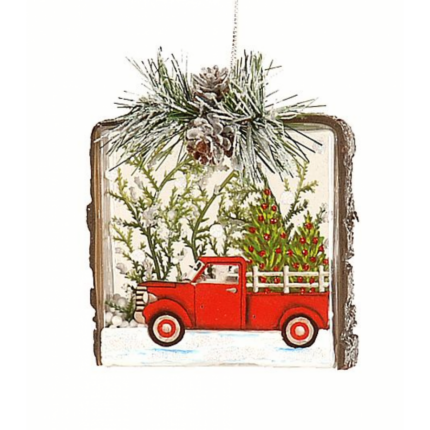Χριστουγεννιάτικο Στολίδι Γυάλινο Πλακέ Αυτοκινητάκι Κόκκινο 10*12εκ